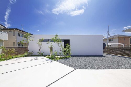 隣家に囲まれた旗竿地を生かした家