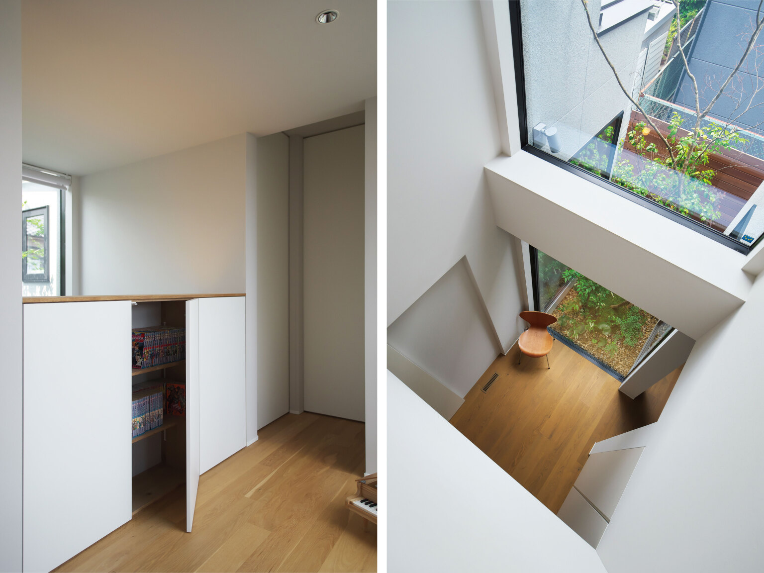 玄関ホールと2階ホールをつなぐ吹き抜けは、上下階をやわらかく結びつける住まいの中心となっています。