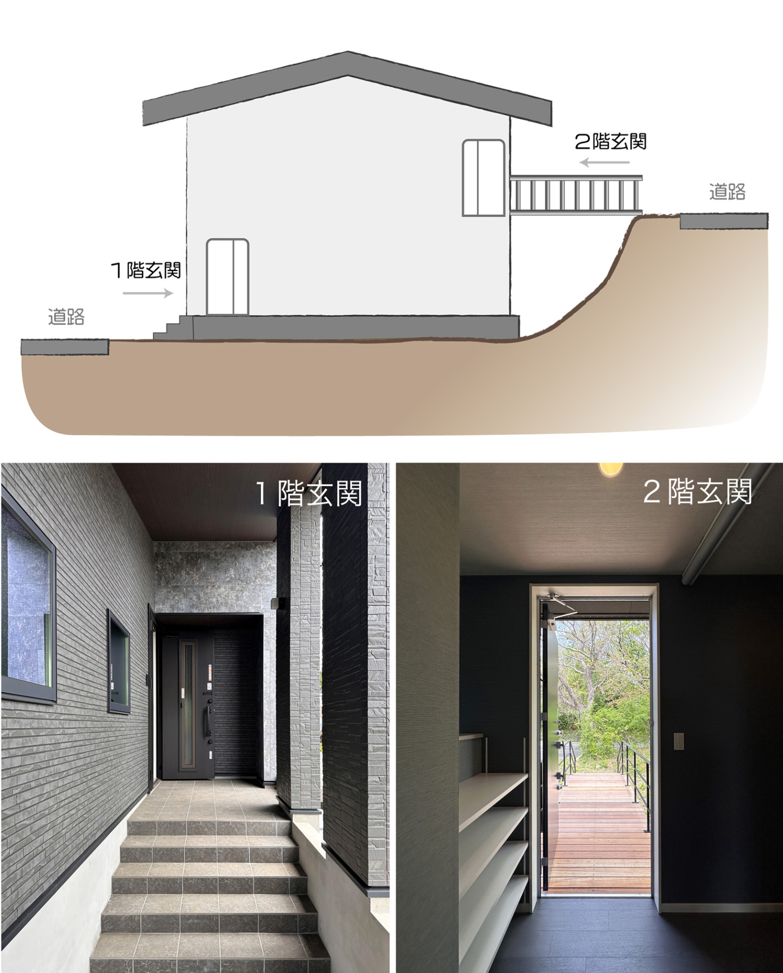 高低差を活かした「２つの玄関」